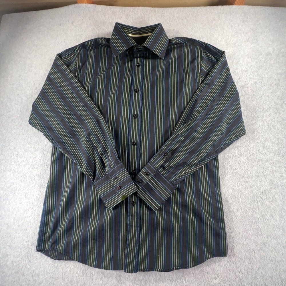 Roar Mens Large Black Striped Long Sleeve Button Down Shirt Blue Green White